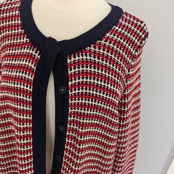 Women's Talbot's Woven Sweater Cardigan Navy Red White Heavy Pockets 1X Petite - Picture 4 of 7
